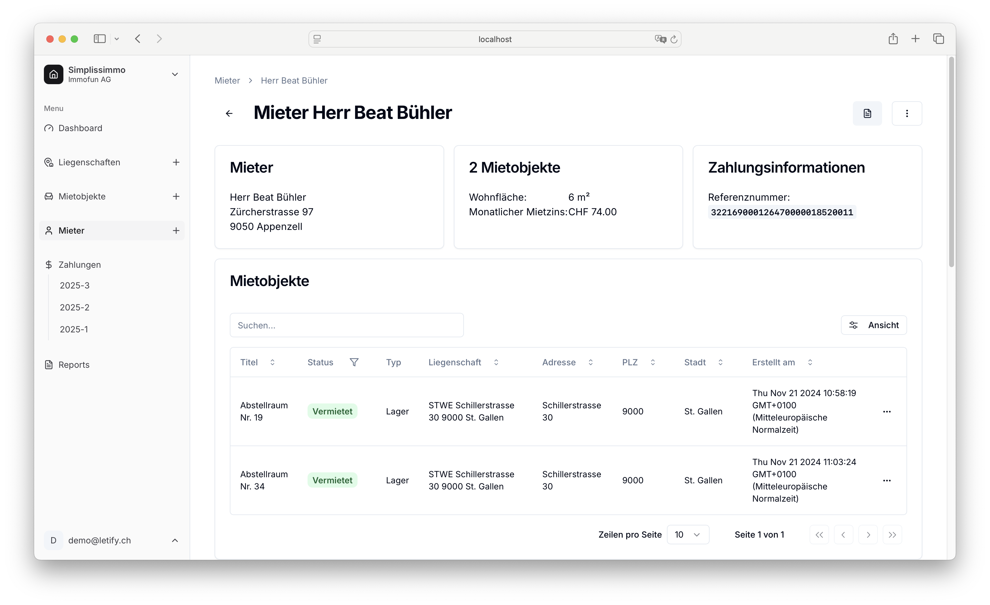 Mieterübersicht in Letify